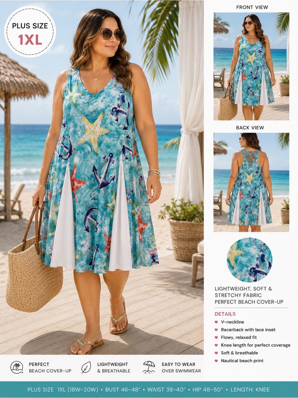 Shoreline 1XL Plus Size Aqua Nautical Print V-Neck Beach Cover-Up